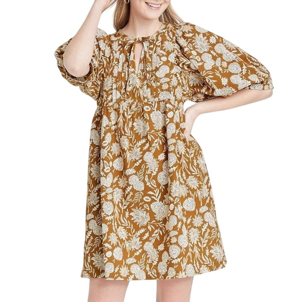 Universal Thread Floral Puff Sleeve Mustard Brown Cotton Mini Dress Size XL